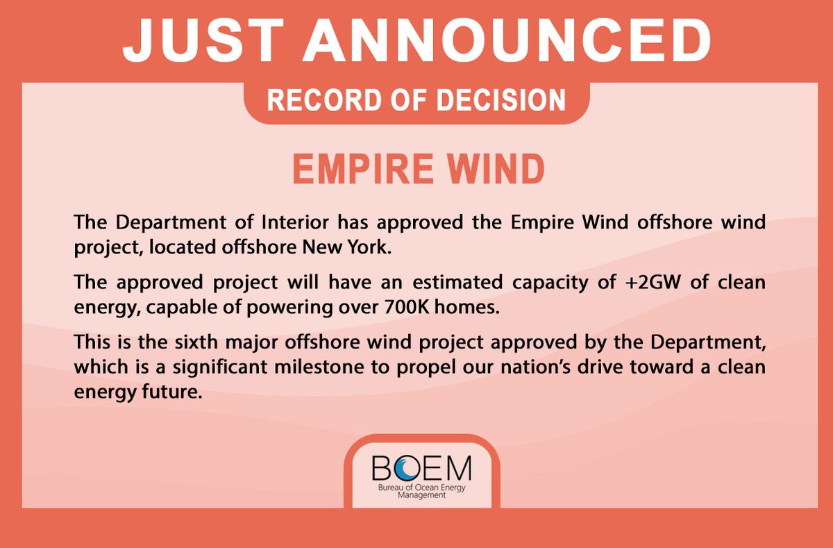 BOEM's tweet photo. 🌊The Department of the Interior has approved the @EquinorWindUS Empire Wind project. 

⚡This project has an estimated capacity of +2GW, which could power +700K homes. 

💚 This is a significant milestone in our clean energy future. Details: https://t.co/QOV6RrSJKP https://t.co/6L1U0FWLNT
