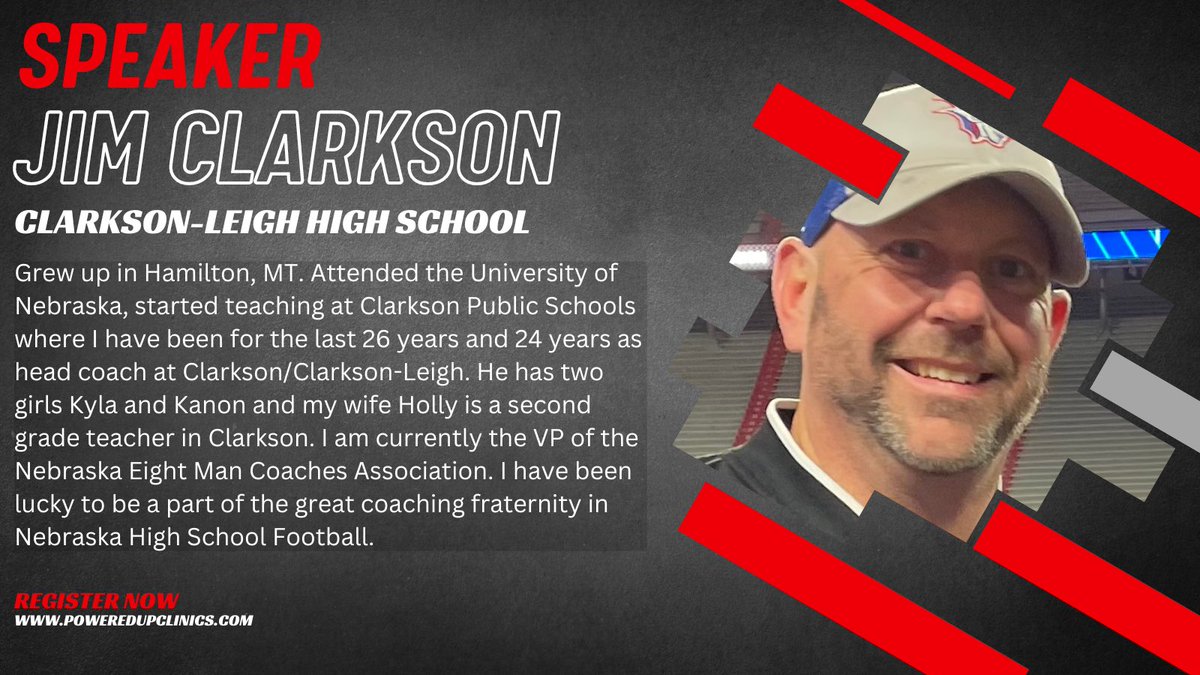 Speaker Spotlight— Jim Clarkson Head Coach at Clarkson-Leigh High School and VP of the Nebraska Eight Man Coaches Association 🚨🏈 #PoweredUp <a href="/JimClarkson1609/">Jim Clarkson</a> 

A speaker lineup you will not want to miss ➡️ poweredupclinics.com