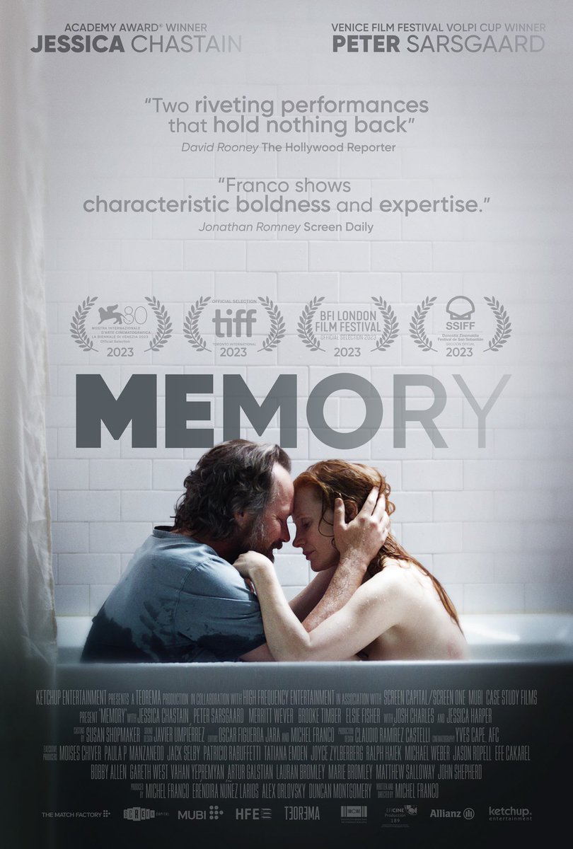 jes_chastain's tweet photo. The official poster for our movie “Memory” 🖤 in theaters in NY &amp; LA on Dec 22. Nationwide Jan 5th. I can’t wait for everyone to see the Venice Film Festival Best Actor winner Peter Sarsgaard’s beautiful performance. https://t.co/nTUGn8OGuy