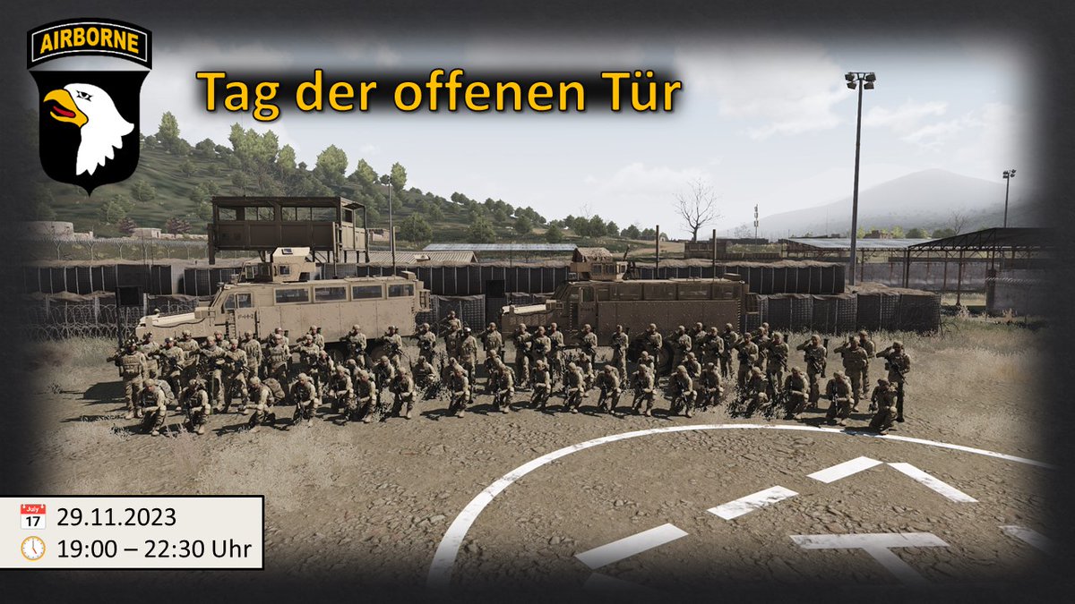 101STMILSIM's tweet photo. Tag der offenen Tür 🚪🦅

Hat euch #MilSim immer schon interessiert, konntet es bisher aber nicht ausprobieren? Dann nutzt die Gelegenheit und schaut bei unserem Tag der offenen Tür vorbei!

📅 29.11.2023
⏰ 19:00-22:30 Uhr

Anmeldung per Discord: https://t.co/5joE8uLUT2

#Arma3 https://t.co/7hQIO8wOnc