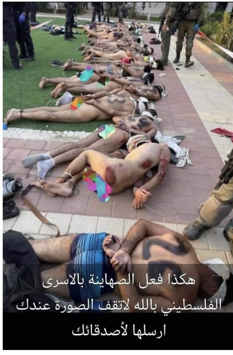 Sanadjor's tweet photo. @MrJo9999 @jacksonhinkle Here is a group of Palestinians kidnapped and tortured by the idf

You can see many have marks from beating and burns 

Torture and rape are extremely common tactics used in Israel https://t.co/6AZ5mjY3CD