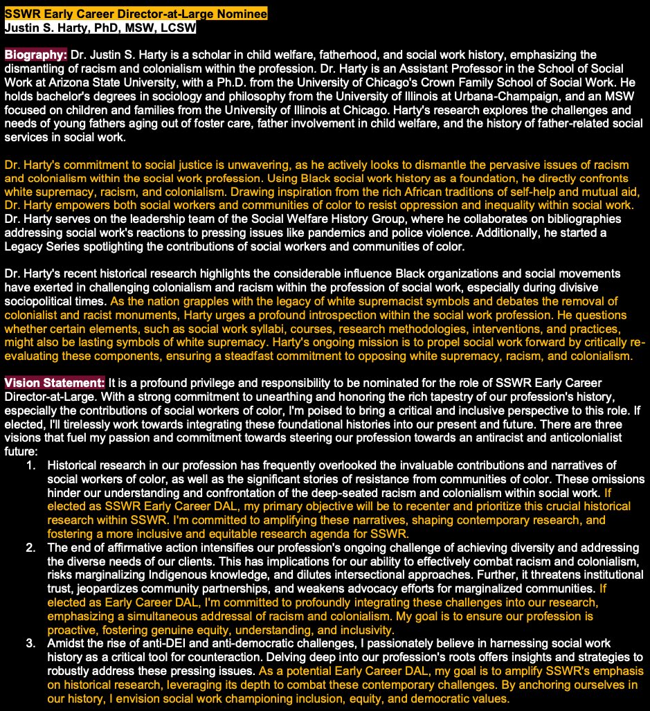 Justin Harty (@justinsharty) on Twitter photo Voting for SSWR board is open! I'd love your vote for Early Career Director-At-Large. I'm committed to growing our historical research and advancing critical social work. Read my statement here and cast your vote by 12/20 vote.associationvoting.com/sswr/. 
#socialwork #socialworkchatter Voting for SSWR board is open! I'd love your vote for Early Career Director-At-Large. I'm committed to growing our historical research and advancing critical social work. Read my statement here and cast your vote by 12/20 vote.associationvoting.com/sswr/. 
#socialwork #socialworkchatter