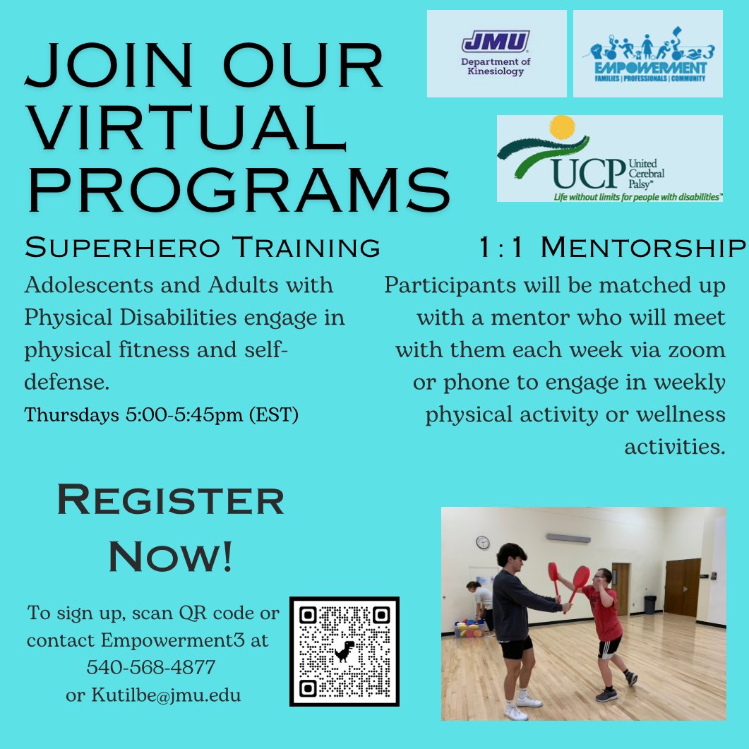 Calling All Children and Adults with Cerebral Palsy and their Families

The Empowerment3 Center at James Madison University introduces our Free THRIVE CP nationwide program that provides you with a 1:1 mentor to engage in a weekly workout.

Scan the QR code to register!