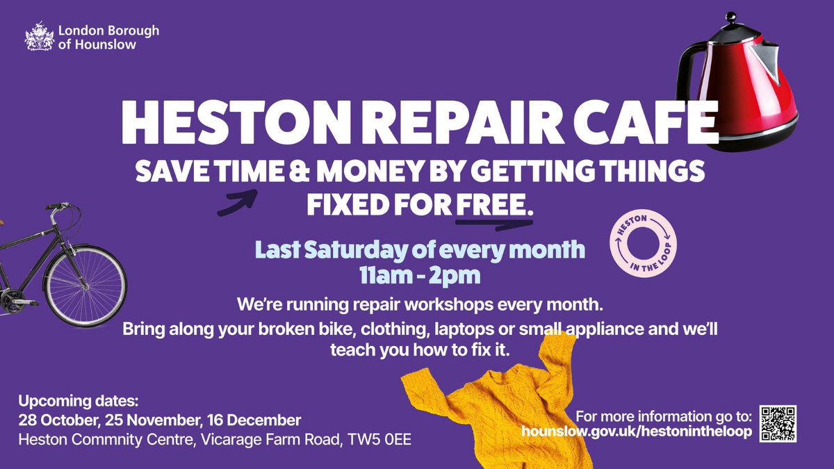 HestonRepairCaf's tweet photo. This Saturday, 25th November at the Heston Community Centre 11:00 to 14:00
The Heston Repair Cafe is a FREE event that will help the local community to save money by having your precious items being repaired, learning new skills and reducing waste. https://t.co/ll8SaOLuvt