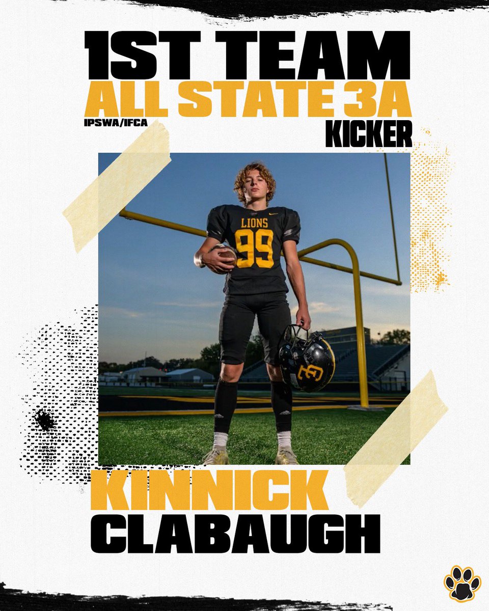 Congrats to Kinnick Clabaugh on being selected 1st Team IPSWA/IFCA All State as a kicker! Two-time all stater for the Lions! Great career, Kinnick!!
#LIONS