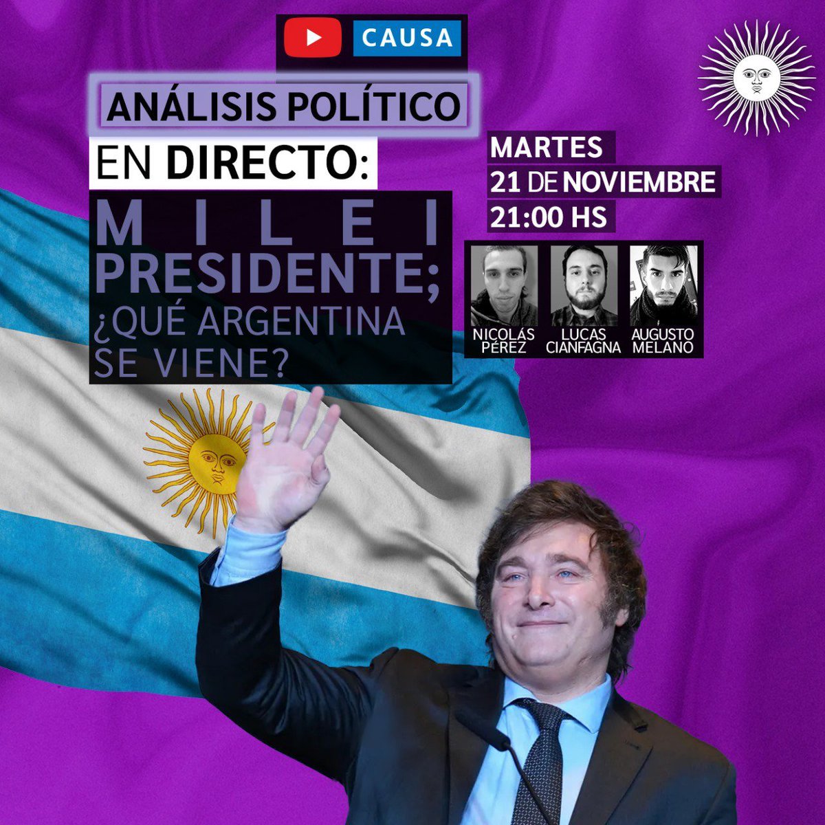 Causa_Argentina's tweet photo. 🔴🇦🇷 HOY MARTES 21/11 A LAS 21:00 HS | Análisis político del resultado de las elecciones que dieron a MILEI PRESIDENTE ELECTO; ¿qué Argentina se viene?

👉 https://t.co/HB2cDc2QUv

#mileipresidente #massa #elecciones2023 #milei #libertarios #lalibertadavanza #unionxlapatria https://t.co/h4KjSjHaNf