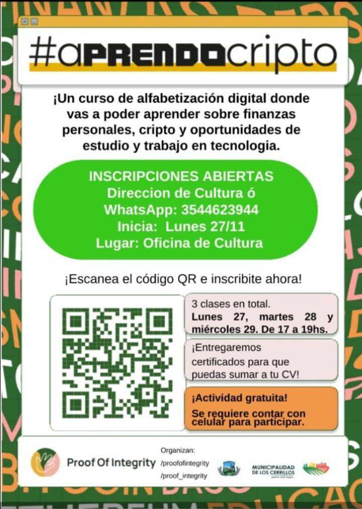 Presentamos #aPrendoCripto en Los Cerrillos, Córdoba. Una actividad coordinada por @proof_integrity.

Lunes, martes y miércoles 27, 28 y 29. Actividad gratuita con inscripción previa.

Entrega de certificados para que puedas sumar al CV!
