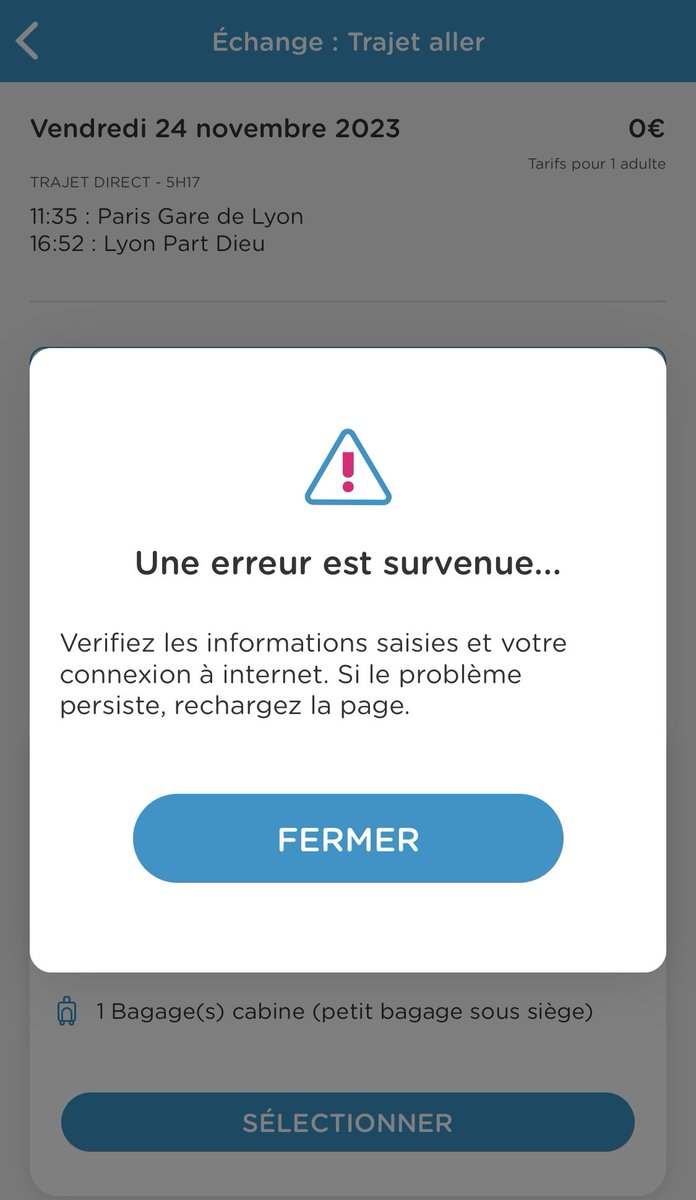 Rayane_Free's tweet photo. @OUIGO @SNCFVoyageurs @SNCFConnect Vous avez annulé mon train, vous proposez un échange mais sur le site comme sur l’appli rien ne fonctionne. Je suis censé procéder comment ?! https://t.co/dKhkH3chs6