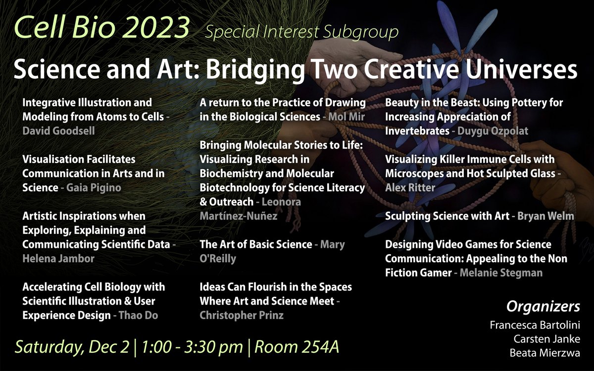 Thrilled to share the lineup of our #CellBio2023 #SciArt subgroup! Don't miss the opportunity to see some amazing talks by @dsgoodsell @GaiaPigino @helenajambor @molecularmirror @leonoramtzn @oreillymk @biyolokum @RitterLab @BryanWelm @MelanieAnnS, Thao Do & Christopher Prinz! 🤩