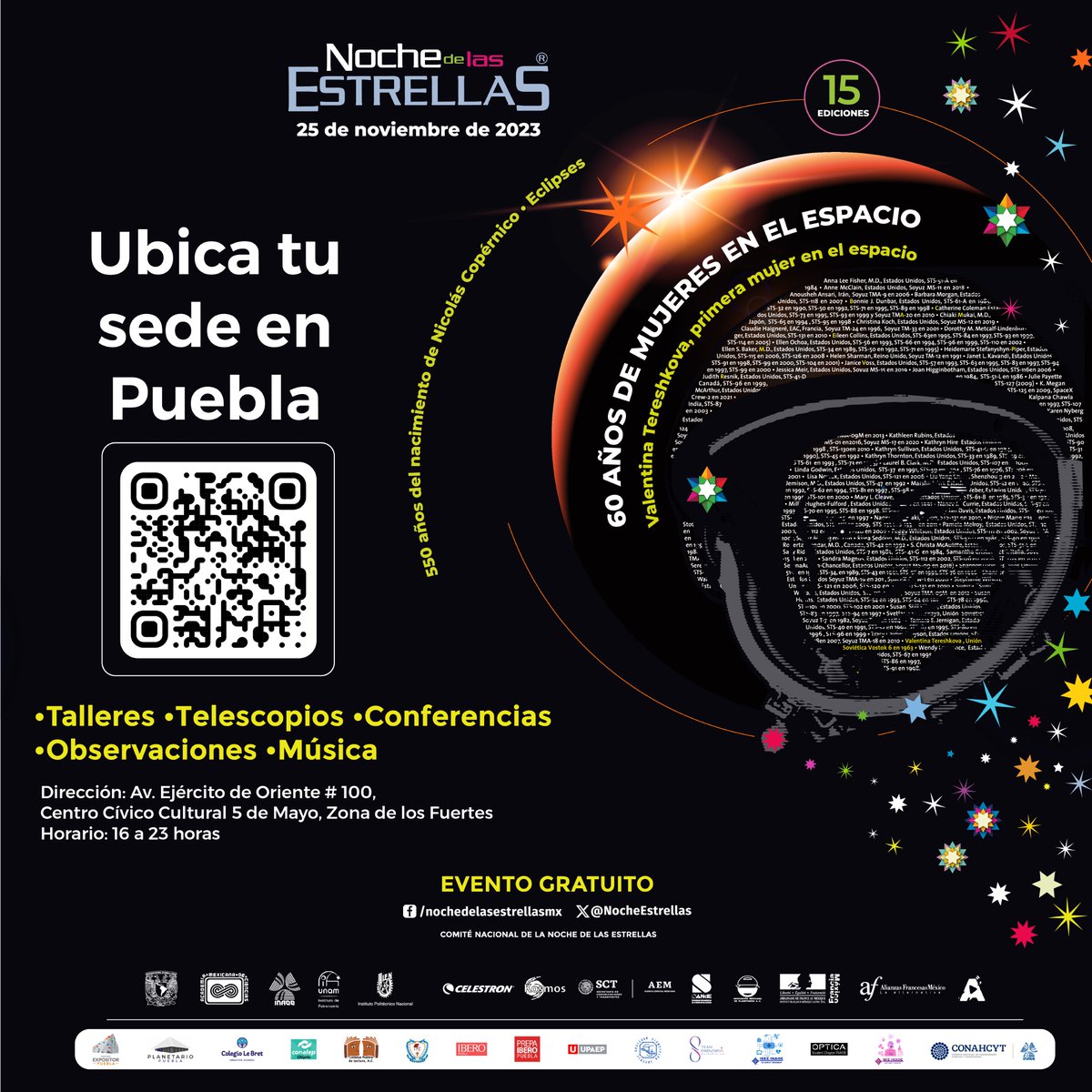 Estamos a unos días de la #NdE2023 y en Puebla tenemos muchas sedes para que asistan. Los invitamos a escanear el QR de la imagen para que revisen las sedes en todo el estado. ¡Los esperamos! #mujeresenelespacio #ValentinaTereshkova #Copérnico #EclipsesMéxico