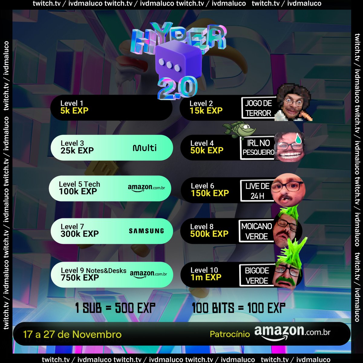 ivdmaluco's tweet photo. Salve! Hoje às 19h começa nosso SUBATHON
Vamo vê até que hora chega
1 sub = 6 min
100 bits = 5 min
R$ 5 = 5 min
Raid = 15 seg por view / 4 views = 1 min
Ultima semana do sorteio de R$200 e do #HYPERQUEST
HyperQuest 👊🙏
com cs2, IRL e muito +
https://t.co/iUF9Bayanx
👊🙏 https://t.co/hs5uSH1DG6