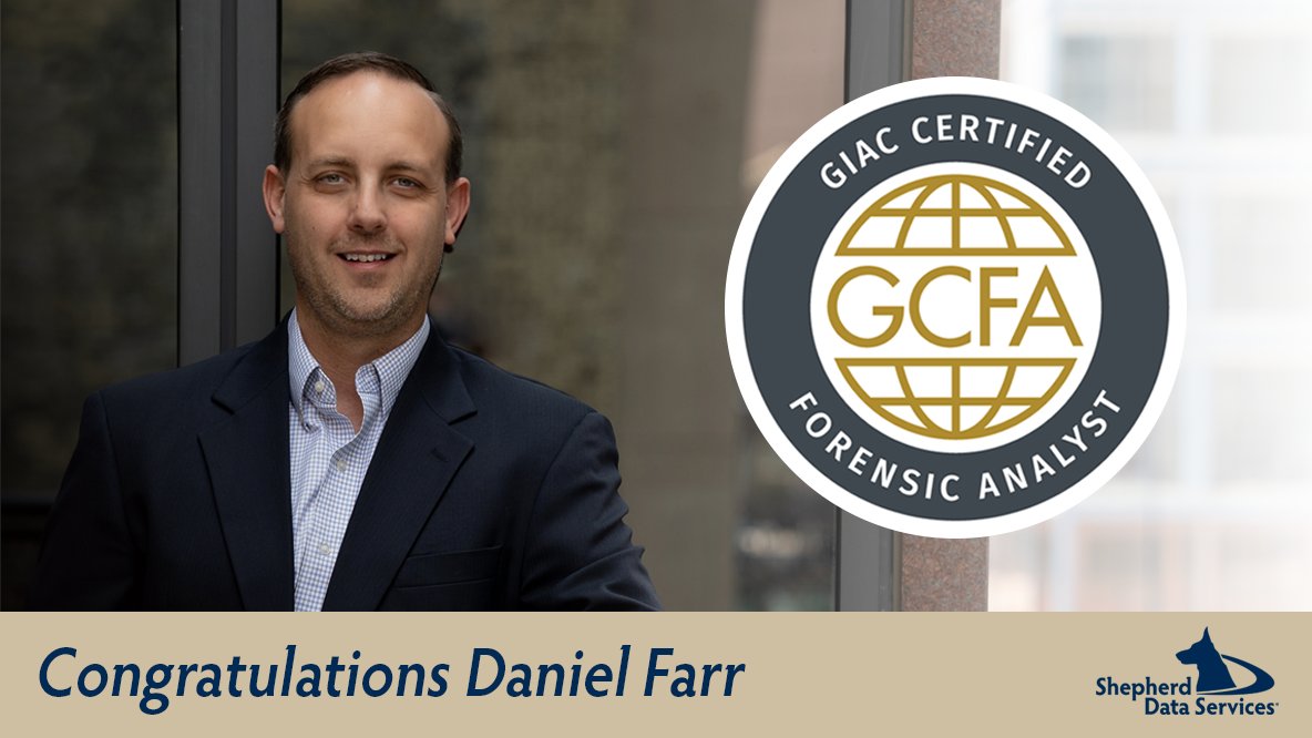 shepherd_data's tweet photo. Congrats to our Forensics Manager, Daniel Farr, for earning the GIAC Certified Forensic Analyst certification! This recognizes that Daniel has the knowledge, skills, and ability to conduct advanced incident scenarios including complex #digitalforensic cases.
@CertifyGIAC https://t.co/nwKhLEPw8g