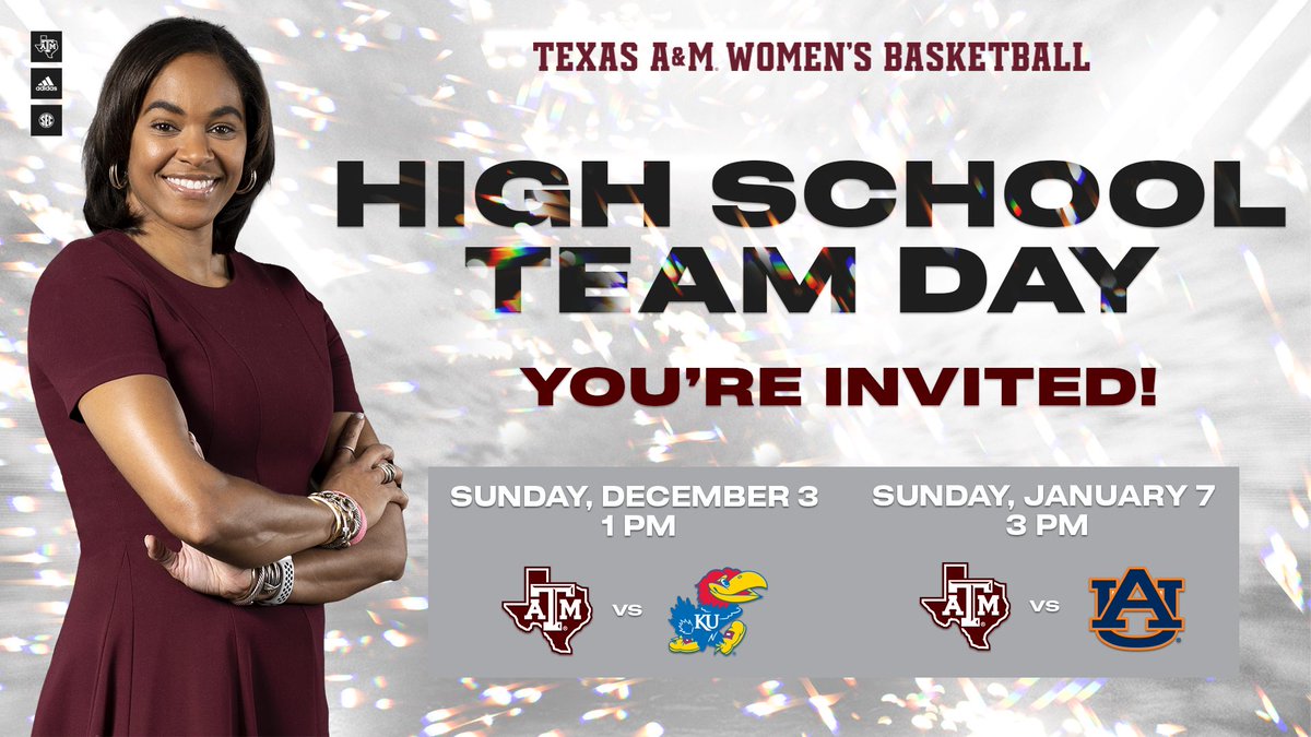 High School Team Day 🔜 12/3

Experience Reed Arena with the squad this season ‼️

For more info and to sign up, email Christina Richardson (crichardson@athletics.tamu.edu)