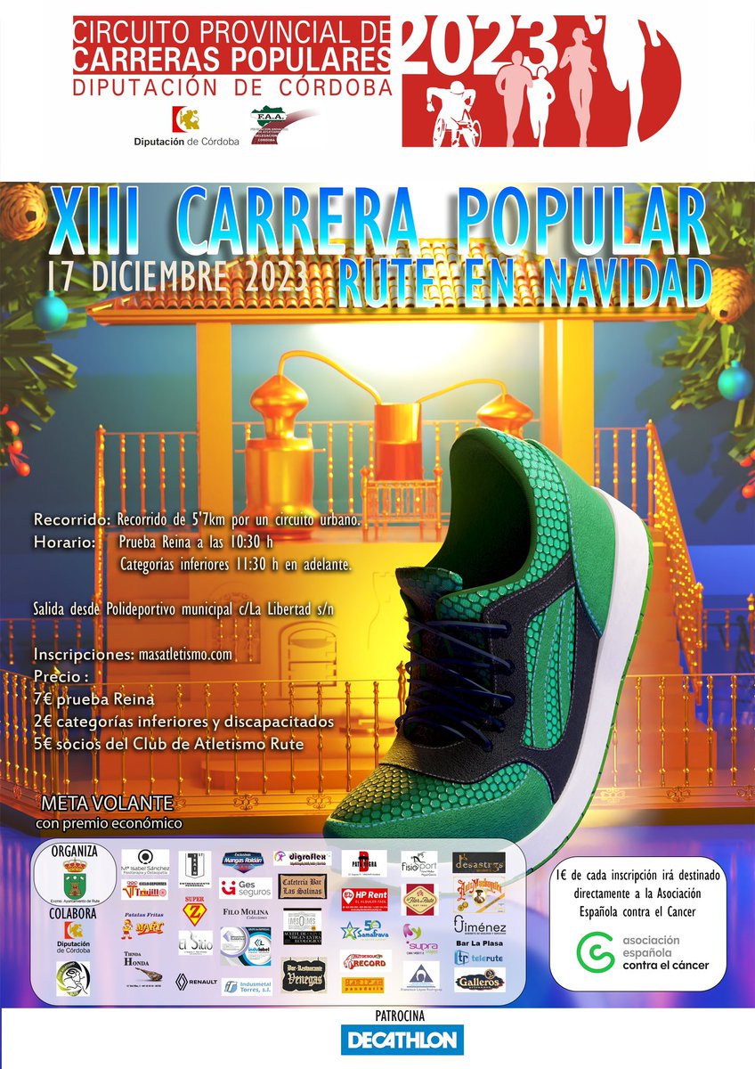AtletismoRute's tweet photo. Ya tenemos el cartel definitivo de la XIII #CarreraPopular #Rute en #Navidad, organizada por el @AytoRute el #Club @AtletismoRute. La carrera cuenta con una treintena de colaboradores que repasaremos con una serie de vídeos promocionales
Inscríbete aquí: https://t.co/IiUZnVizji https://t.co/1EoBp1wHyS