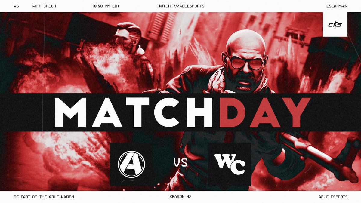 Able Esports (@ableesports) on Twitter photo Our #CSGO team is in #ESEA Main Season 47 action tonight. Let's get it!
🆚 Wiff Check
🕒 10 PM EST
📺 twitch.tv/ablesports
🎙️ <a href="/able_mil/">Emil ".mil" Vanjaka</a>
<a href="/larouche_91/">chuckkk</a>
<a href="/fronttt/">froNt^M</a>
<a href="/CSGO_Kizy/">Kizy</a>
<a href="/KRL_CS/">karl-andré</a>
<a href="/Senpaii_cs/">Senpaii</a> Our #CSGO team is in #ESEA Main Season 47 action tonight. Let's get it!
🆚 Wiff Check
🕒 10 PM EST
📺 twitch.tv/ablesports
🎙️ <a href="/able_mil/">Emil ".mil" Vanjaka</a>
<a href="/larouche_91/">chuckkk</a>
<a href="/fronttt/">froNt^M</a>
<a href="/CSGO_Kizy/">Kizy</a>
<a href="/KRL_CS/">karl-andré</a>
<a href="/Senpaii_cs/">Senpaii</a>