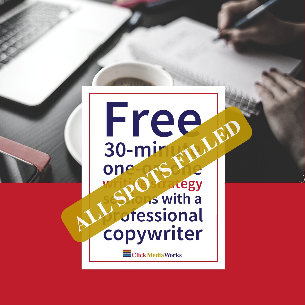 ClickMediaWorks's tweet image. All times for our #FreeWritingSupport sessions are filled. I look forward to helping those of you who signed up. If you&apos;d like to go on the wait list for the next time I set up free sessions, please DM me here. If you have a quick question, I am happy to answer.
#ProWritingTips