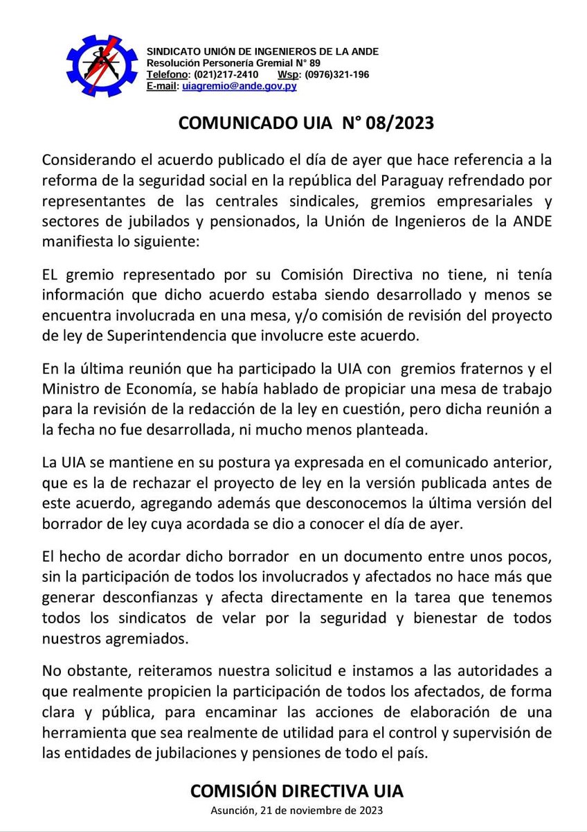 Comunicado UIA 08/2023 con relación a los últimos sucesos de público conocimiento relacionado a los sistemas previsionales y de seguridad social de las instituciones públicas y privadas.