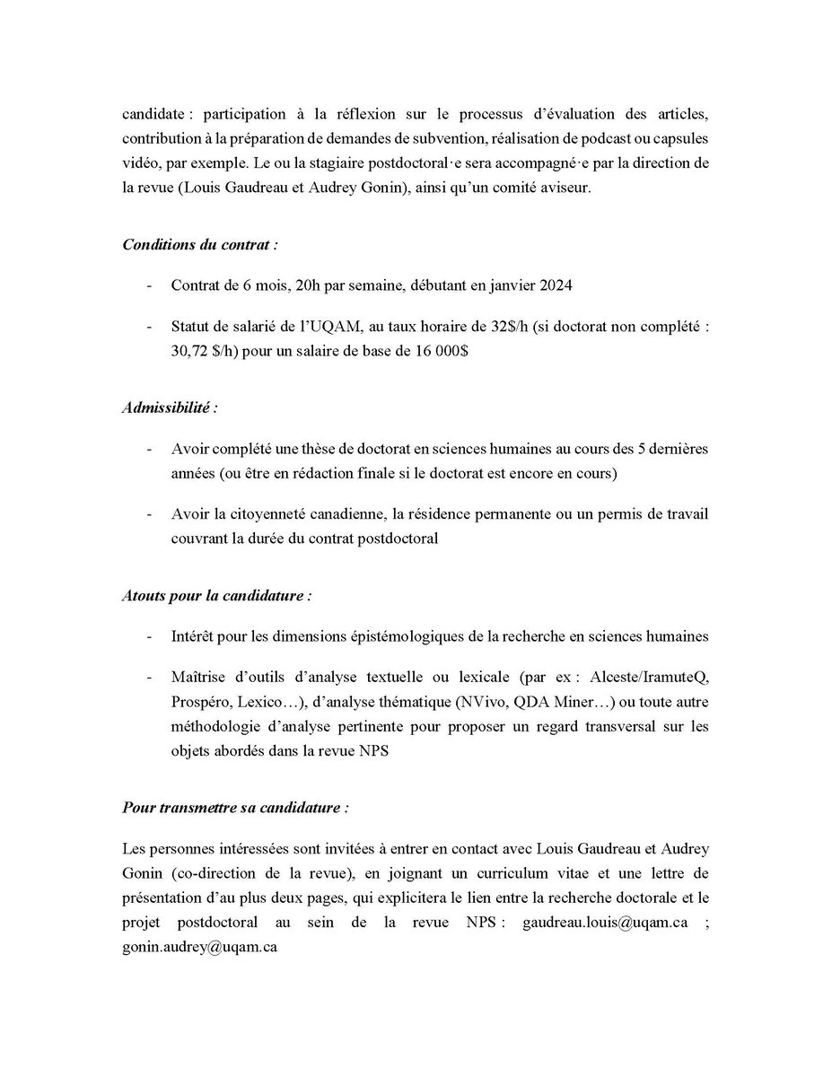 La revue Nouvelles pratiques sociales a l'opportunité de développer un projet consistant à accueillir un ou une stagiaire postdoctoral.e. Le stage postdoctoral portera sur les contenus de la revue mais donnera aussi l'occasion de participer à d'autres activités.