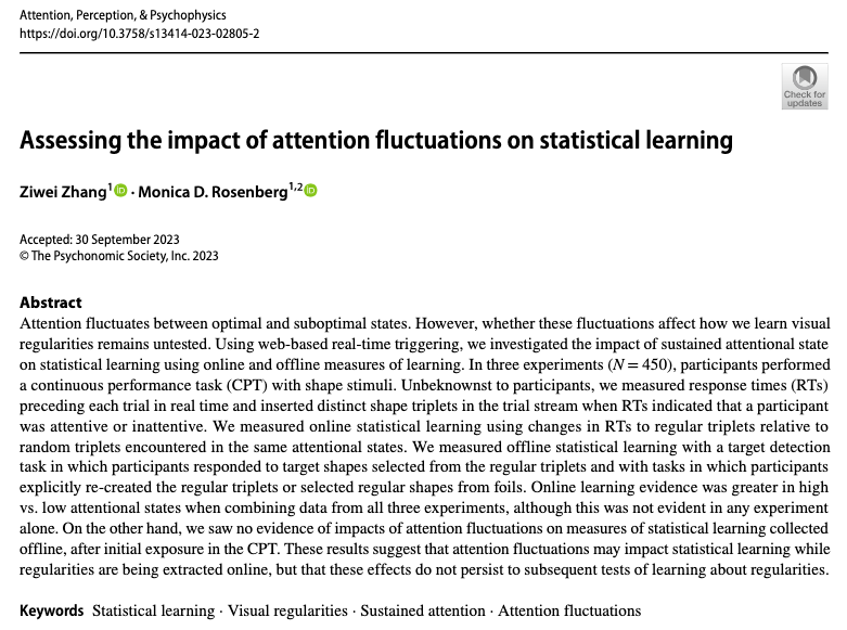 zzwziwei's tweet photo. 🎉Excited to share my first first author paper in grad school! https://t.co/eOj1sgzc5b Our attentional states wax and wane. How does this impact our learning of regularities in the environment? 1/9 https://t.co/lp98e6oELw