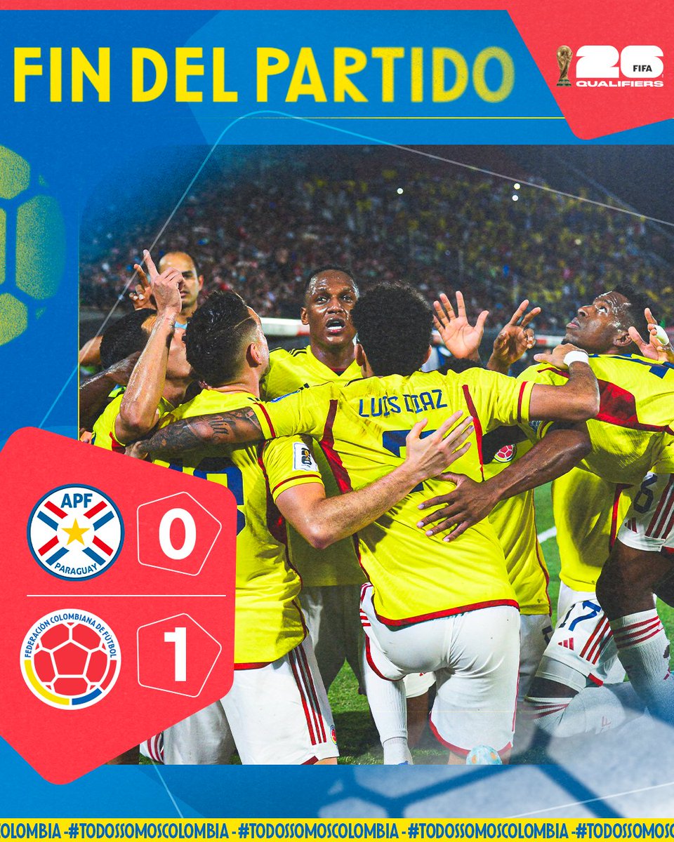 ¡Finaliza el partido! 

¡Otra victoria de la Selección Colombia en las Clasificatorias para la Copa Mundial de la FIFA 2026!

🇨🇴 1-0 🇵🇾

#TodosSomosColombia🇨🇴