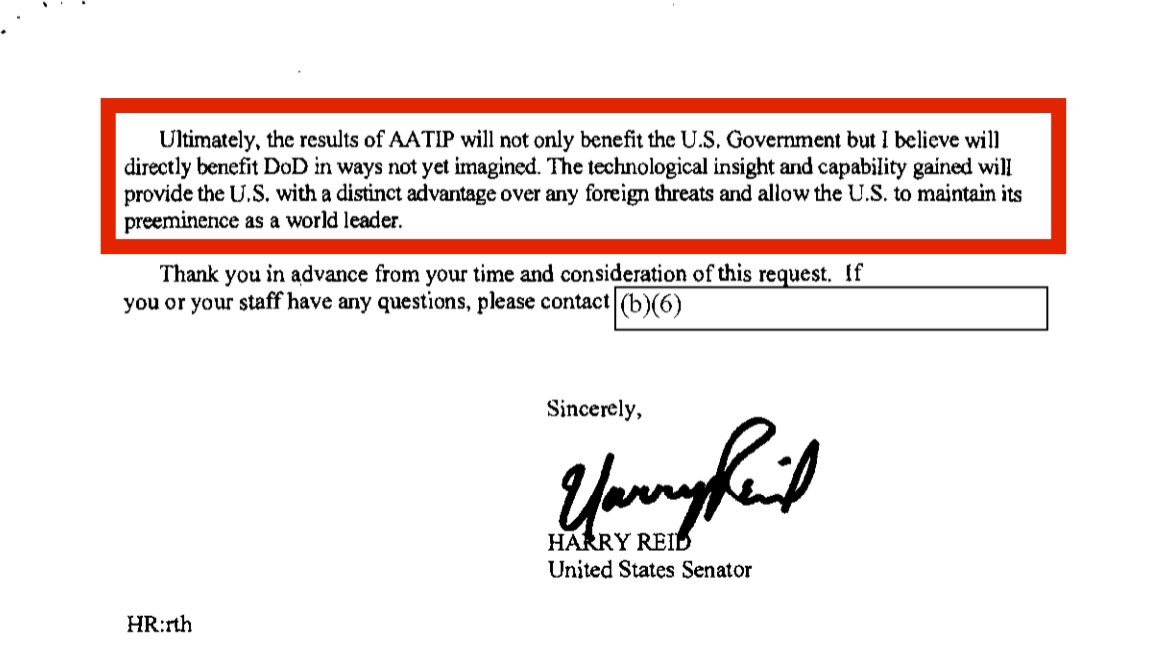 MvonRen's tweet photo. The “AAWSAP” / “AATIP” naming confusion finally makes sense.

If AAWSAP was intended as a repository of recovered UAP materials, its existence would be *extremely* sensitive. (See below from then-Senate Majority Leader Reid)

Hence the need for a cover/nickname.

“AATIP” is born. https://t.co/WB228Regip