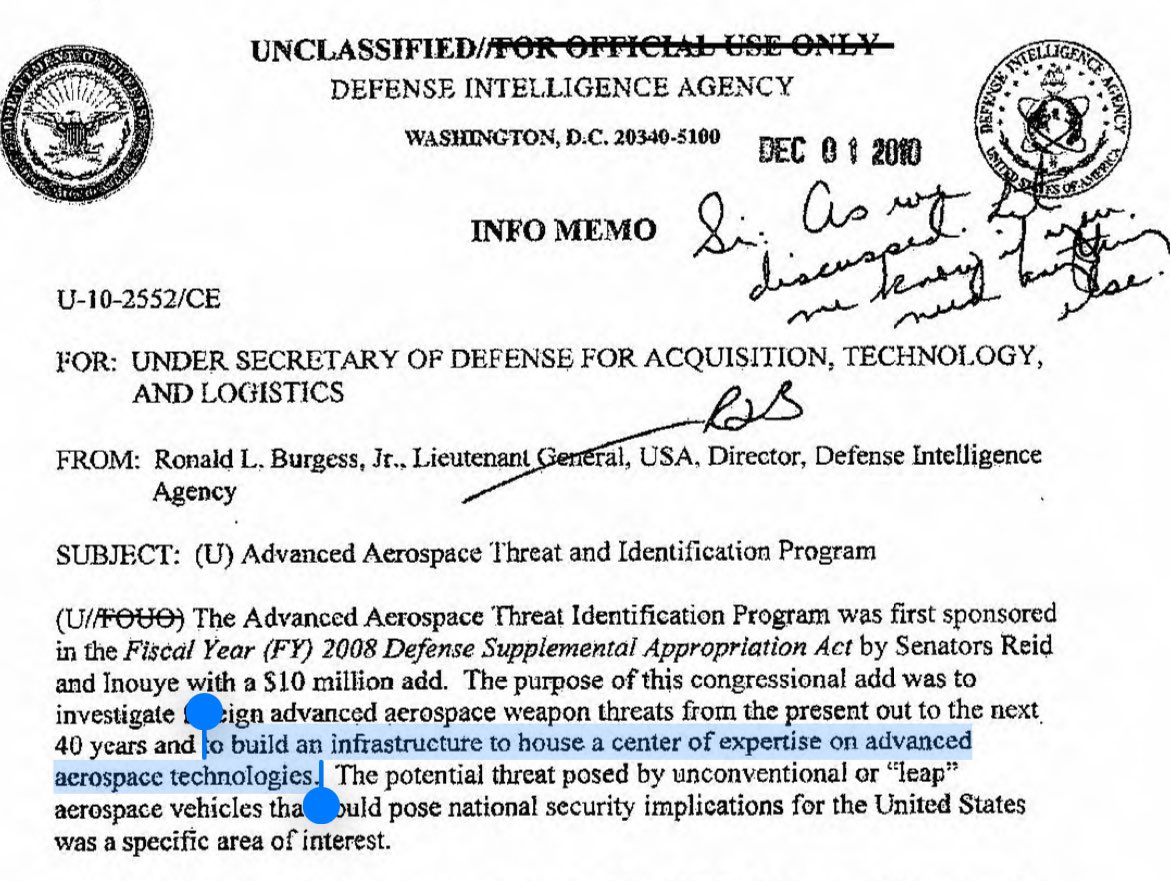MvonRen's tweet photo. The “AAWSAP” / “AATIP” naming confusion finally makes sense.

If AAWSAP was intended as a repository of recovered UAP materials, its existence would be *extremely* sensitive. (See below from then-Senate Majority Leader Reid)

Hence the need for a cover/nickname.

“AATIP” is born. https://t.co/WB228Regip