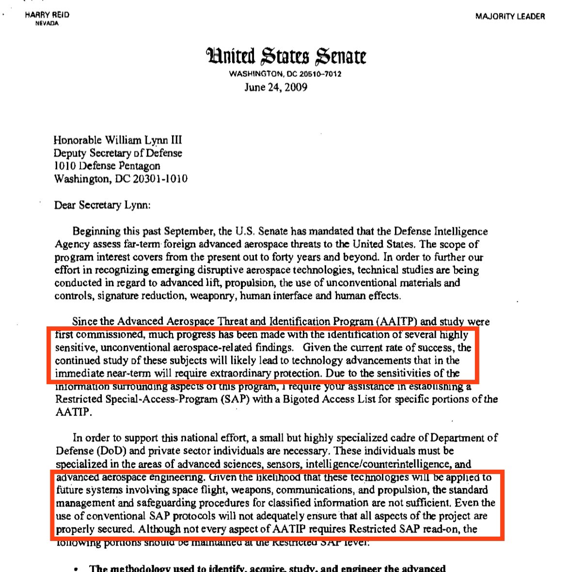 MvonRen's tweet photo. The “AAWSAP” / “AATIP” naming confusion finally makes sense.

If AAWSAP was intended as a repository of recovered UAP materials, its existence would be *extremely* sensitive. (See below from then-Senate Majority Leader Reid)

Hence the need for a cover/nickname.

“AATIP” is born. https://t.co/WB228Regip