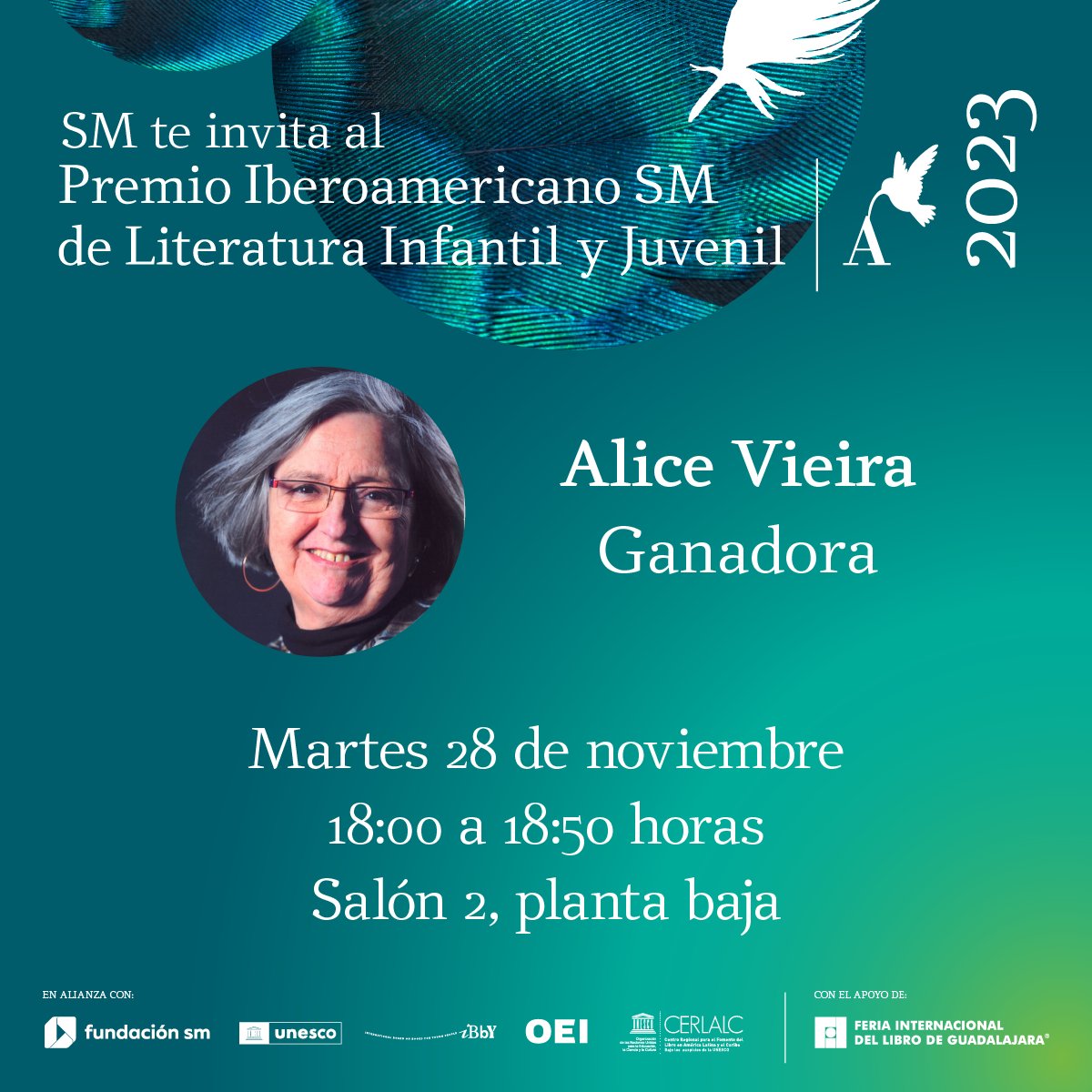 sm_literatura's tweet photo. ¡Acompáñanos en la @FILGuadalajara !
Ceremonia de premiación PREMIO IBEROAMERICANO SM DE LITERATURA INFANTIL Y JUVENIL 2023 #PILIJ
📅 Martes 28 de noviembre
⏰ 18:00 horas
📍 Salón 2 - Planta baja
¡Te esperamos!
@FundacionSMmx

#SM #lector #libros #literatura #FIL #bookslover https://t.co/Vw90sSjxF0