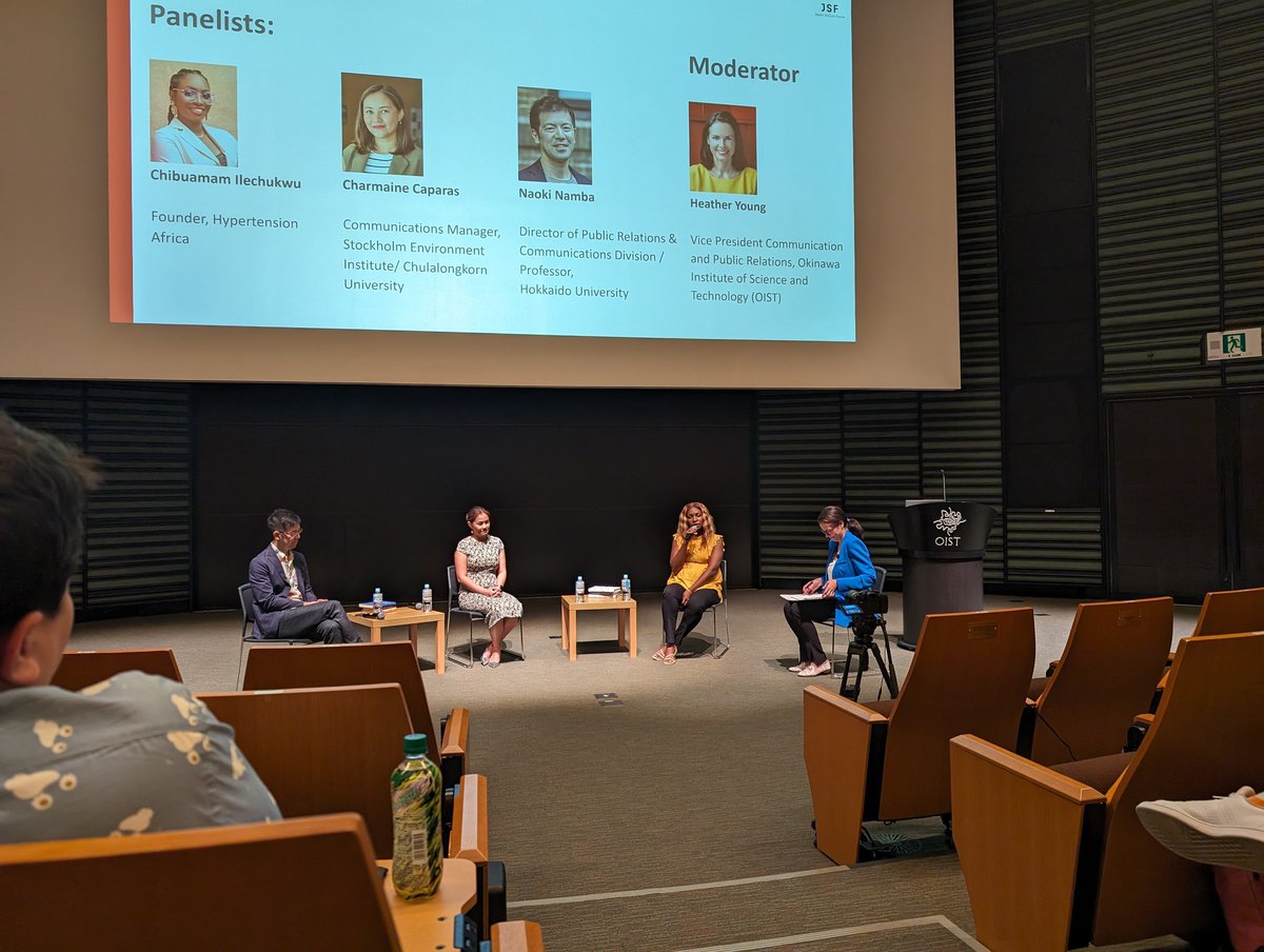 JapanScicom's tweet photo. How do you become a science communicator, and how do you develop a career in #scicomm? That's what the panel at #JSF23 is all about, featuring @chibuamam from @HBPAfrica, @CharCaparas from @SEI_Asia and Naoki Namba from @HokkaidoUni, moderated by @HFeather from @OISTedu 🎤 https://t.co/riXpFZlnPq