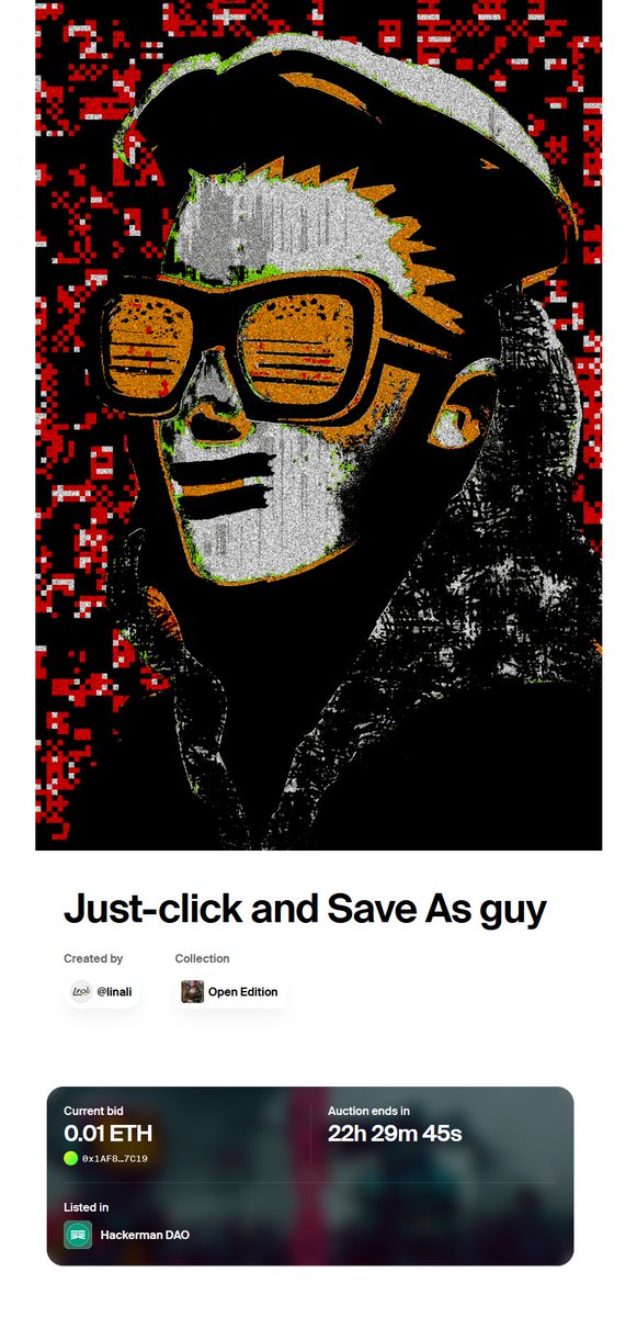 mylinali's tweet image. 🔥 Just-click and Save As guy on @foundation 🔥

24h auction started!! 

Inspired by @XCOPYART

Current bid: 0.01 ETH

foundation.app/@linali/opened…

#xcopyart #xcopy #nftcommunity #fnd #nft