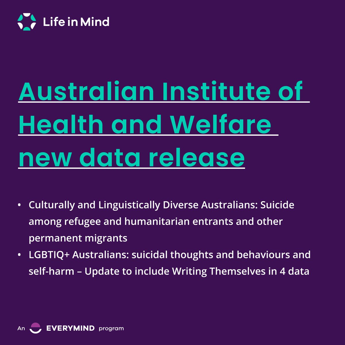 The @aihw has today released updates from the National Suicide and Self-harm Monitoring System including a new page focused on suicide among refugee and humanitarian entrants and other permanent migrants. The System has also been updated to include data from the Writing…