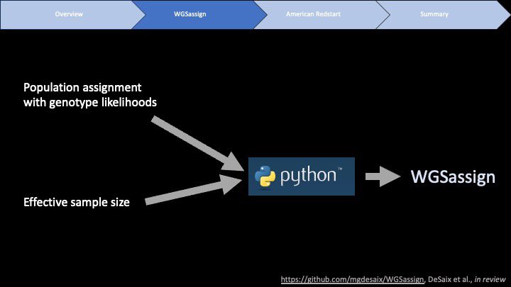 mgdesaix's tweet photo. 2/6 #BOUsci23 
“Population assignment” methods  use genetic signatures that differentiate breeding populations and assign individuals to them. We coded up our statistical developments in a python software package, WGSassign (https://t.co/pfVWBIrc1W)

https://t.co/JCk1AOQ7Ci https://t.co/wum7KXgFSu
