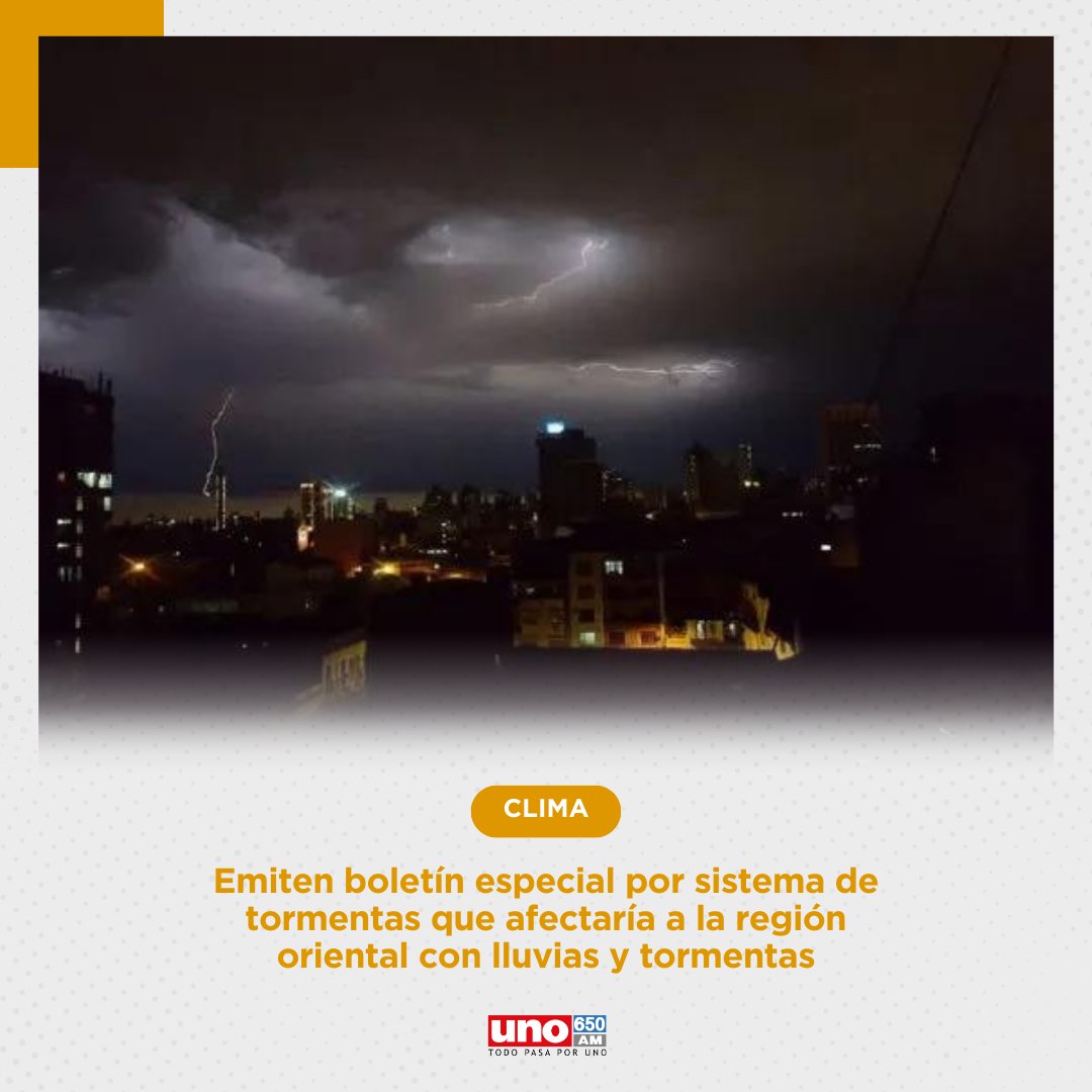 treintamastv's tweet photo. Boletín Especial por Sistema de Tormentas🌧️

📌 Desde la Dirección de Metereología pronostican la llegada de lluvias y tormentas desde la tarde de mañana miércoles.

📍 Afectaría a las zonas de: Asunción, Paraguarí, Cordillera, Guairá, Caaguazú, Alto Paraná, San Pedro y  Presidente Hayes.

➡️Desliza y lee el boletín completo. 

#NoticiasUNO | #650AM
