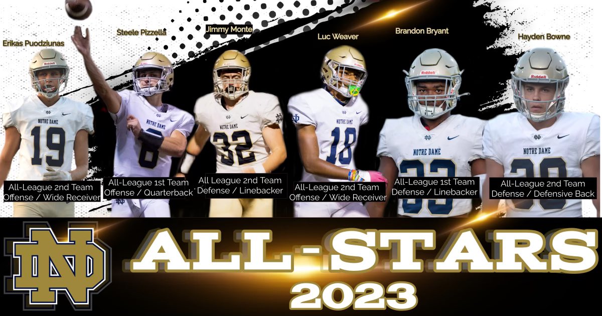 Congratulations to our Notre Dame Knights Mission League All League All Stars 2023!! 🏈Steele Pizzella- QB 1st Team 🏈Brandon Bryant- LB 1st Team 🏈Erikas Puodziunas- WR 2nd Team 🏈Hayden Bowne- DB 2nd Team 🏈Jimmy Monte- LB 2nd Team 🏈Luc Weaver- WR 2nd Team🔥So proud of you!!⚔️