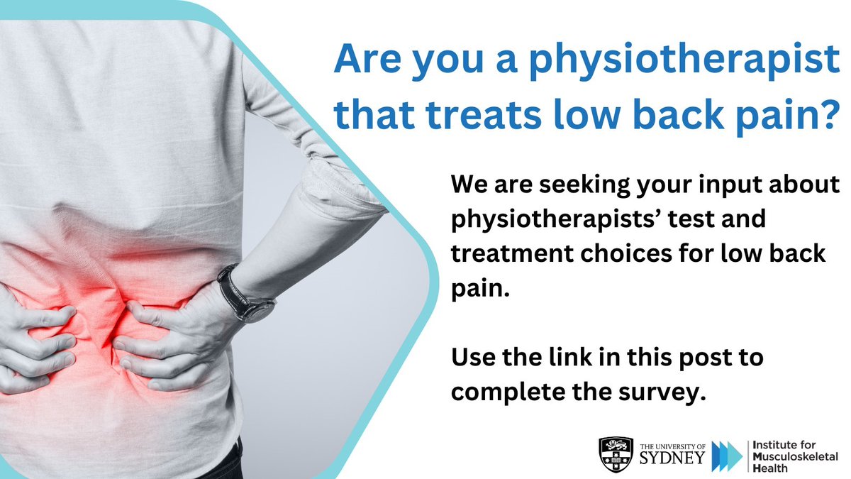 Physios who manage people with low back pain needed for a survey 📢

We want to know what tests and treatments you use for 3 different low back pain cases

Survey will take &lt;15min 

Your help is much appreciated! 

bit.ly/BackPainResear… 

<a href="/msk_health/">Institute for Musculoskeletal Health</a> <a href="/wiserhealthcare/">Wiser Healthcare</a>