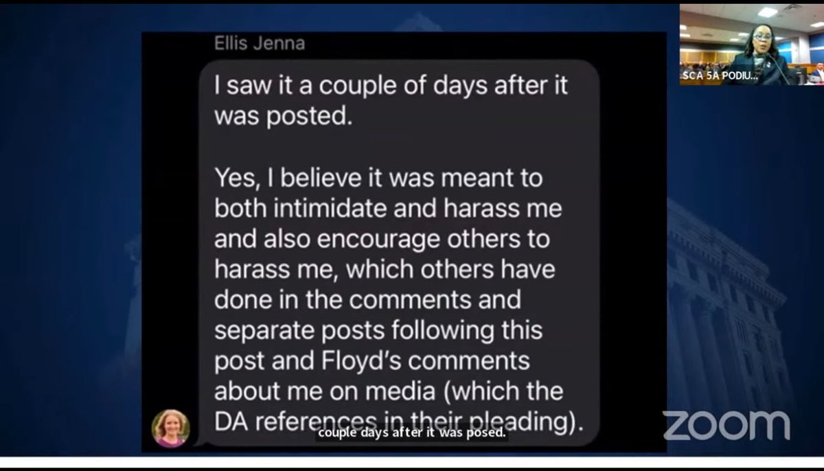 DobermanStrong's tweet photo. This is @JennaEllisEsq crying about @hw_floyd today! I wonder how the DA got this message. I wonder who she was messaging. Harrison is going to be a problem for these corrupt politicians and they know it! #TeamFloyd https://t.co/2KPE5Wg8Bx