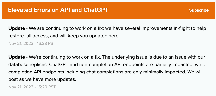 thatroblennon's tweet photo. OpenAI / ChatGPT outage updated 1 minute ago: https://t.co/M6XTsy8q32