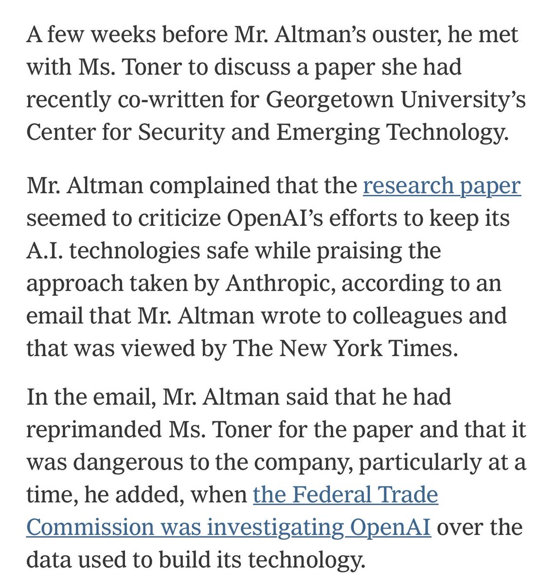 knowclarified's tweet photo. Appears Helen Toner was instrumental in removing Altman from the board 

No mention of Adam in the article https://t.co/93LLbbS0tx