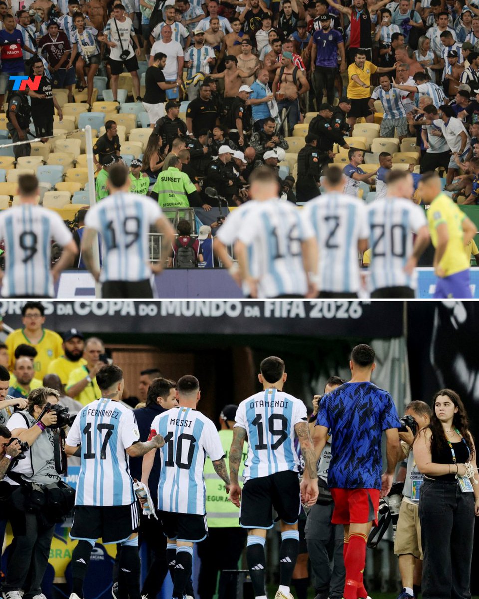 todonoticias's tweet photo. La Selección se retiró del campo de juego por la violenta represión de la policía a los hinchas argentinos

El partido estaba demorado porque los efectivos de seguridad agredieron a los visitantes. Lionel Messi le pidió a sus compañeros que se retiren del campo de juego.

https://t.co/rpYVA8OpMt