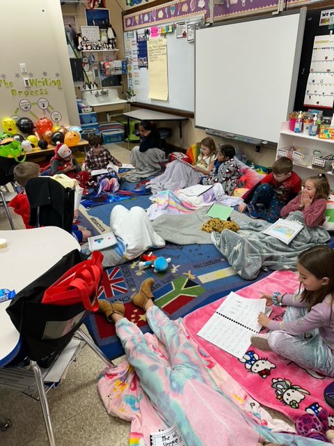 CenterGroveES's tweet image. Mrs. Howey’s class celebrated all their hard work today with “Nighttime Narratives.” It was a big slumber party as they cozied up to share their writing. So fun!