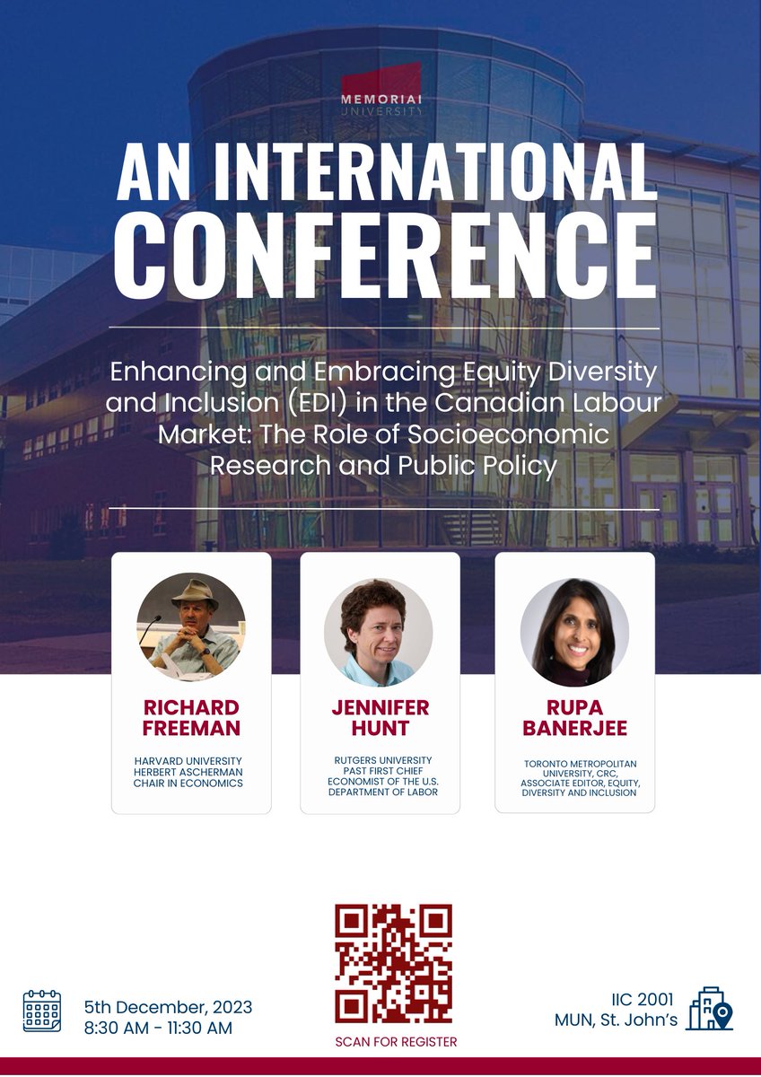 Two weeks 😃 until our international conference on Enhancing and Embracing Equity, Diversity, and Inclusion in the Canadian Labour Market❗️ 

REGISTER NOW HERE ⚠️ OR SCAN QR CODE 
docs.google.com/forms/d/e/1FAI…

⏲️ December 5th, 8:30-11:30 am
🏫 Bruneau Center for Innovation (IIC 2001)