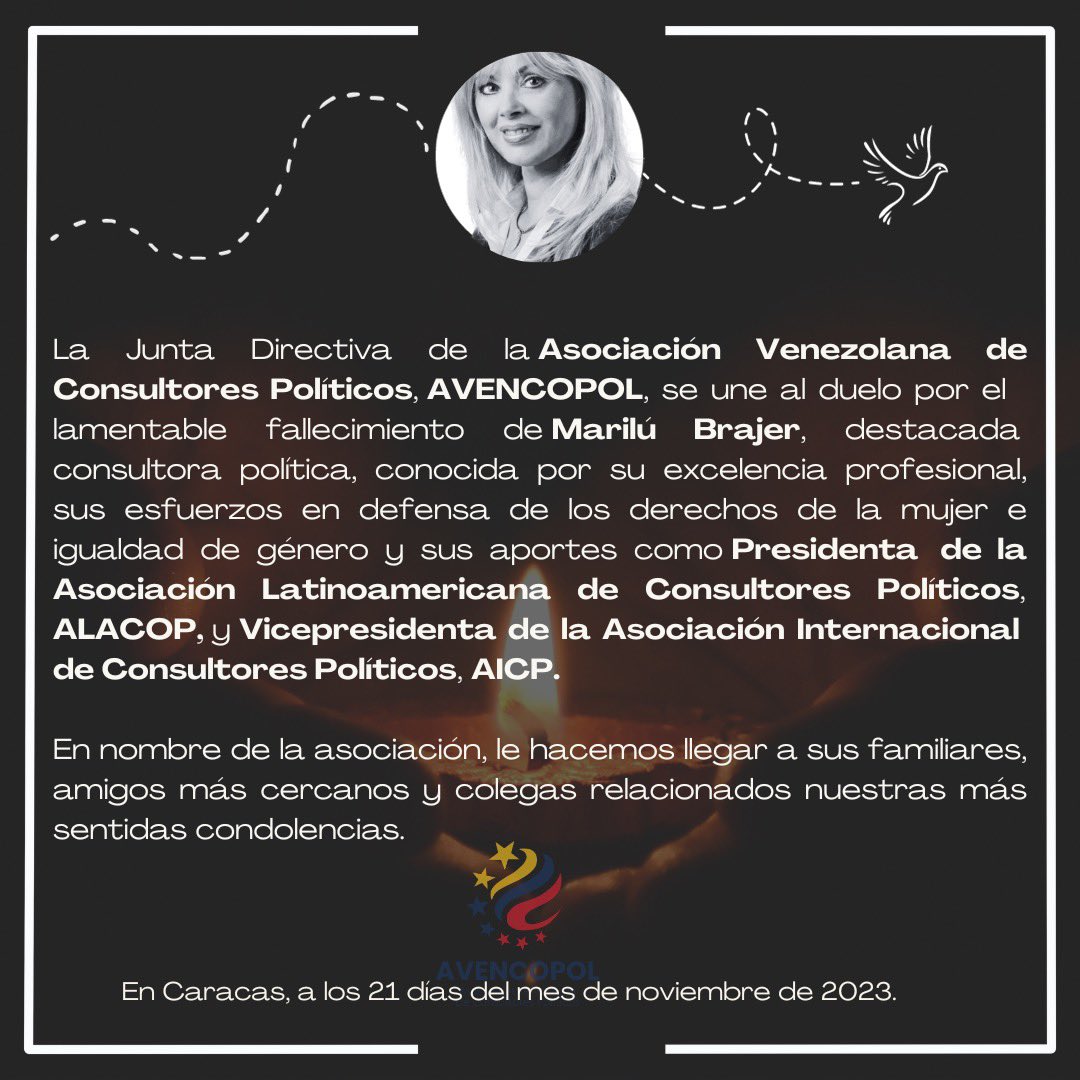 La Junta Directiva de la Asociación Venezolana de Consultores Políticos, AVENCOPOL, se une al duelo por el lamentable fallecimiento de Marilú Brajer, destacada consultora política, conocida por su excelencia profesional. QEPD 🙏🏽🤍