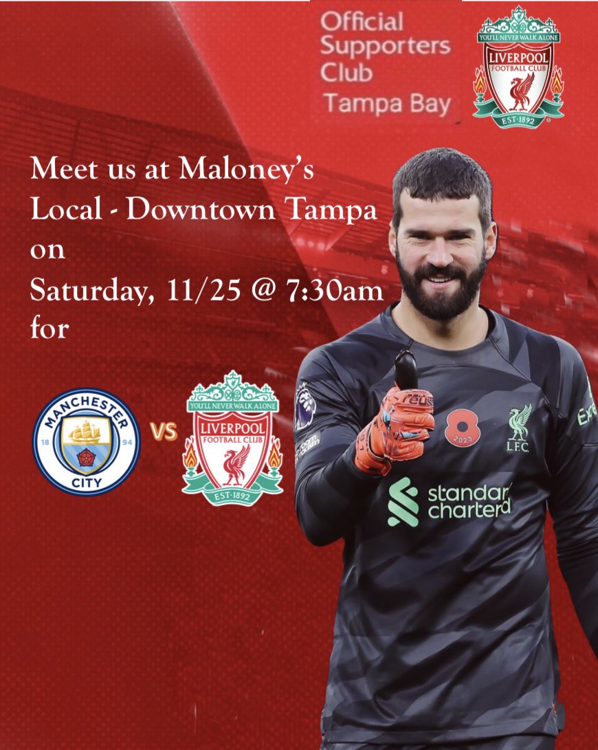 🔴We will be at Maloney's Local-Downtown Tampa for this weekend's match against Manchester City on Saturday.
Kick off is at 7:30am. Get up early and come out and support the Reds!! Up the Reds!