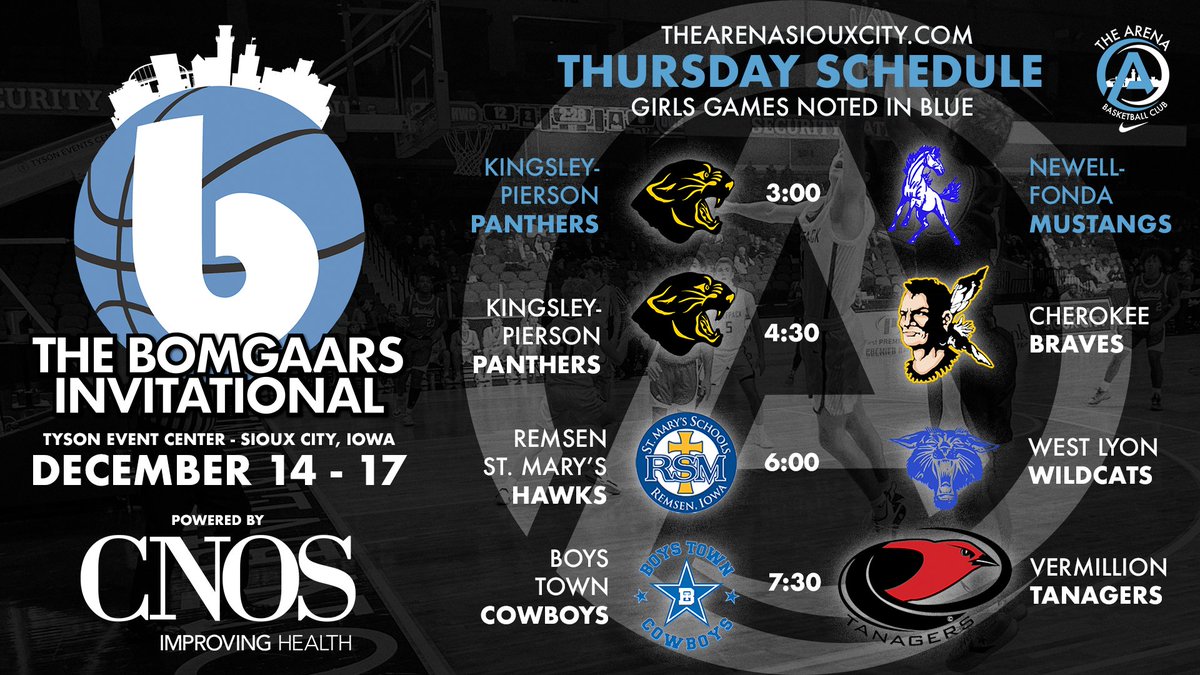 Siouxland Sports Academy (@siouxlandsports) on Twitter photo The Arena is excited to announce Day 1 of the <a href="/BomgaarsSupply/">Bomgaars Supply</a> Invitational Powered by <a href="/CNOSPC/">CNOS</a>! Thursday, December 14th will feature four high school matchups. <a href="/KingsleyPierson/">Kingsley-Pierson</a> <a href="/NFMustangs/">N-F Schools</a> <a href="/RSMbasketball/">Remsen St. Mary’s Basketball</a> <a href="/WL_BoysHoops/">West Lyon Boys Hoops</a> <a href="/VermillionHoops/">Tanager Boys BBall</a> #iahsbkb #arenainvite2023 🏀 The Arena is excited to announce Day 1 of the <a href="/BomgaarsSupply/">Bomgaars Supply</a> Invitational Powered by <a href="/CNOSPC/">CNOS</a>! Thursday, December 14th will feature four high school matchups. <a href="/KingsleyPierson/">Kingsley-Pierson</a> <a href="/NFMustangs/">N-F Schools</a> <a href="/RSMbasketball/">Remsen St. Mary’s Basketball</a> <a href="/WL_BoysHoops/">West Lyon Boys Hoops</a> <a href="/VermillionHoops/">Tanager Boys BBall</a> #iahsbkb #arenainvite2023 🏀