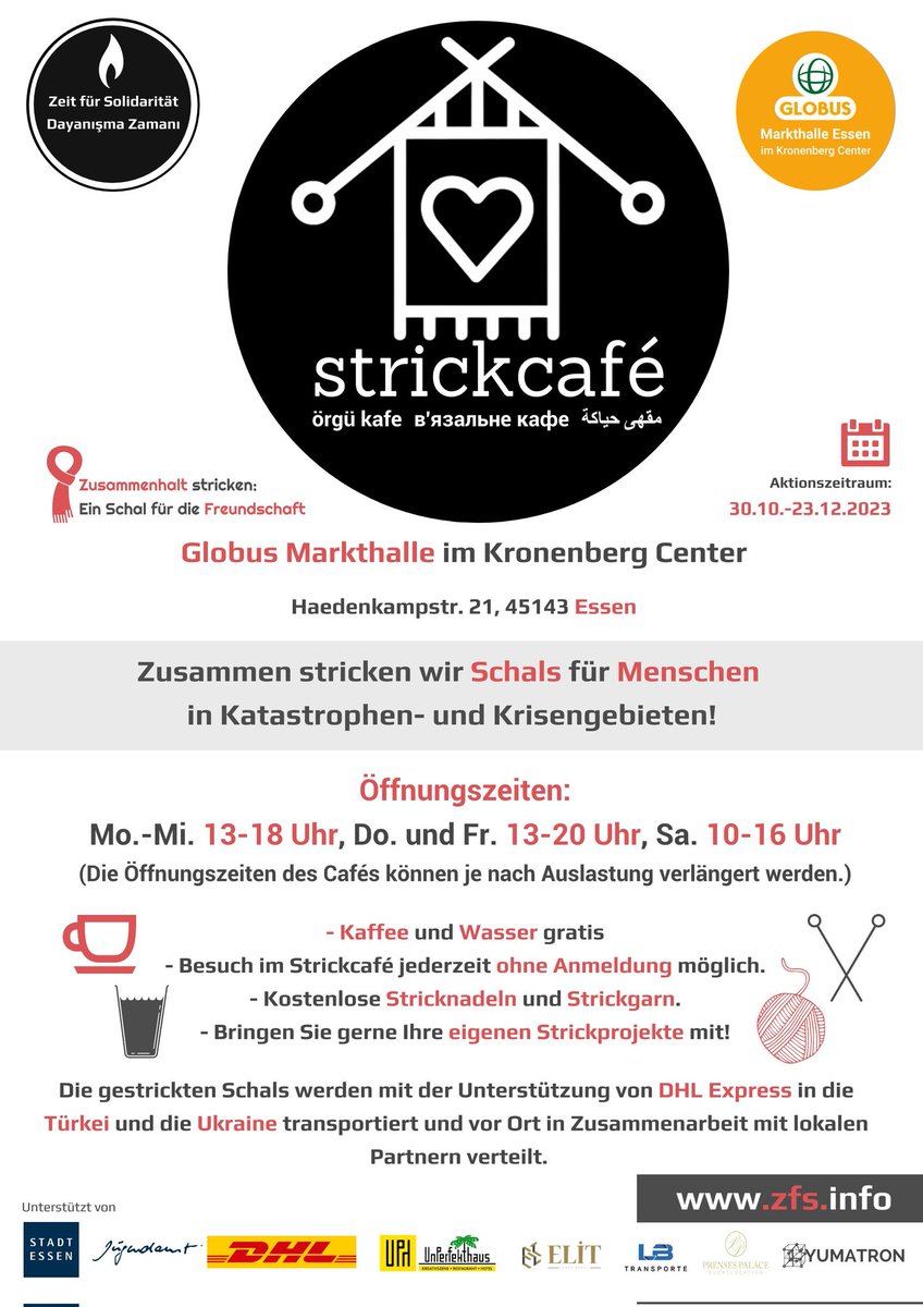 Gemeinsam stricken wir Schals für Kriegs- und Katastrophenopfer in der Ukraine und der Türkei. #zeitfürsolidarität #zusammenhaltstricken