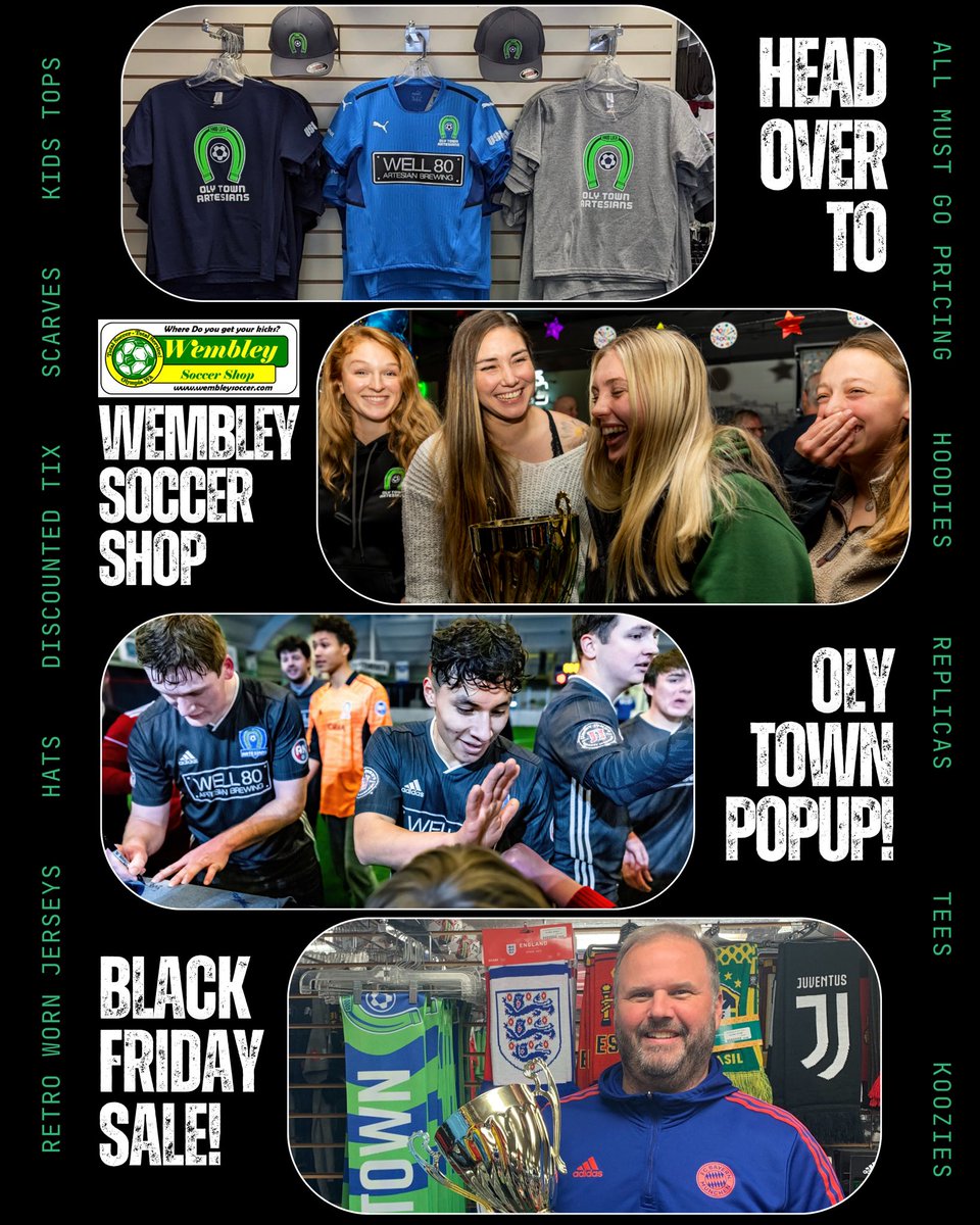 gofcoly's tweet image. 👀 Visit Oly Town at Wembley Soccer Shop in Olympia, WA this BLACK FRIDAY for all kinds of Artesian Gear!  $10 Retro Worn Jerseys, 50% off must go inventory and 15% off current new gear!  🖤🤯🖤🤯🖤

👉 11AM - 4PM this Friday.

#olytown #artesians #olympiawa