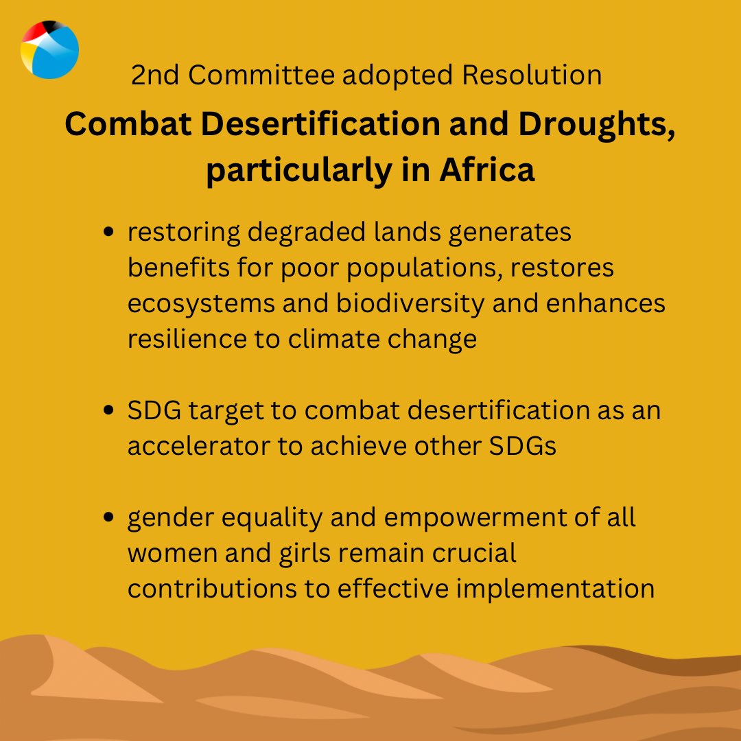 As host country & strong supporter of @UNCCD, 🇩🇪 welcomes #2C adoption of the Resolution to Combat Desertification in Countries Experiencing Serious Drought and Desertification, particularly in Africa. Thanks to co-facilitators @PakistanUN_NY @IcelandUN and @ksamissionun for G77
