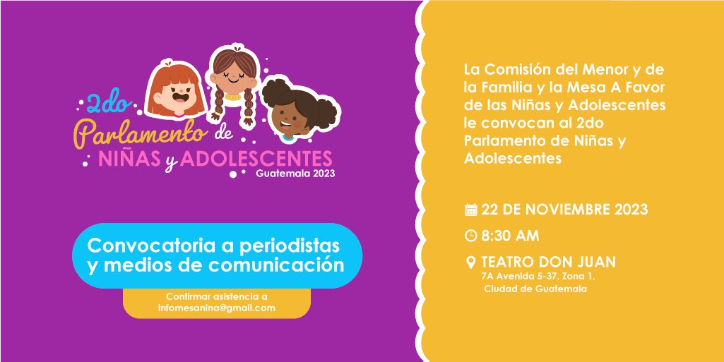 MesaNinaGt's tweet photo. ✊🏼✊🏽✊🏾 La Mesa a Favor de las Niñas y Adolescentes convoca a periodistas y medios de comunicación al 2do Parlamento de Niñas y Adolescentes este miércoles 22 de noviembre a las 8:30 am en el Teatro Don Juan. 

🔴 Sigue la conversación en la FB live y con el #UnidasYPoderosas. https://t.co/UmRKzsRL7O