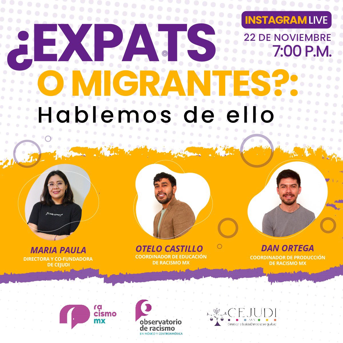 Racismo_MX's tweet photo. 🗣️ ¿Expats, migrantes? ¿Cuáles son las relaciones, diferencias, experiencias de vida de cada una de estas palabras? 
📆 Mañana a las 7 pm nuestro IG LIVE en compañía de @MariaPaulaBa_ de @cejudimx , @ElFantasticoPez y @BatakOrtega de @racismomx 
¡Se va a poner muy interesante! 🤓 https://t.co/taNzKbhDAu