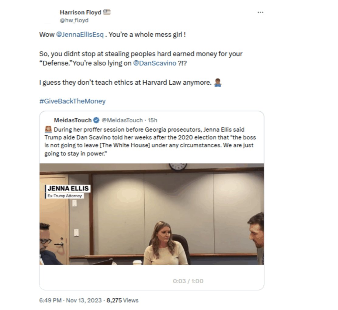 McAfee can't understand how Floyd's post about Jenna Ellis, below, doesn't amount to communication w/ a witness about the facts of the case. It's solely about her proffer video, McAfee observes.